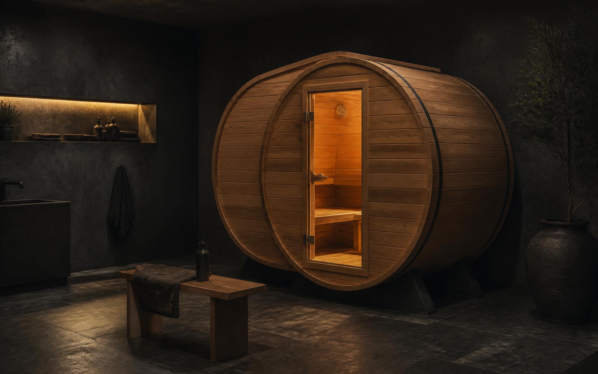 Cedar barrel sauna in a dark, minimal recovery room